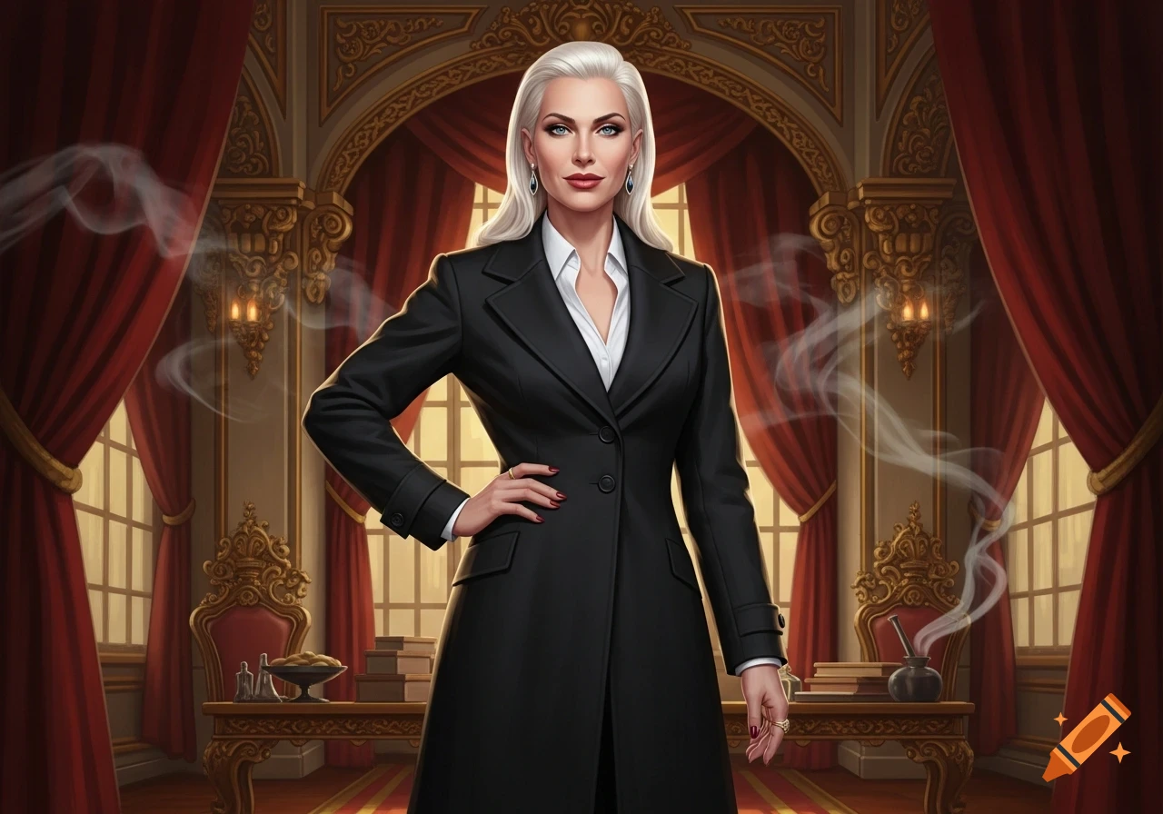 A powerful-looking woman with white hair in a black overcoat stands confidently in a grand, ornate room.