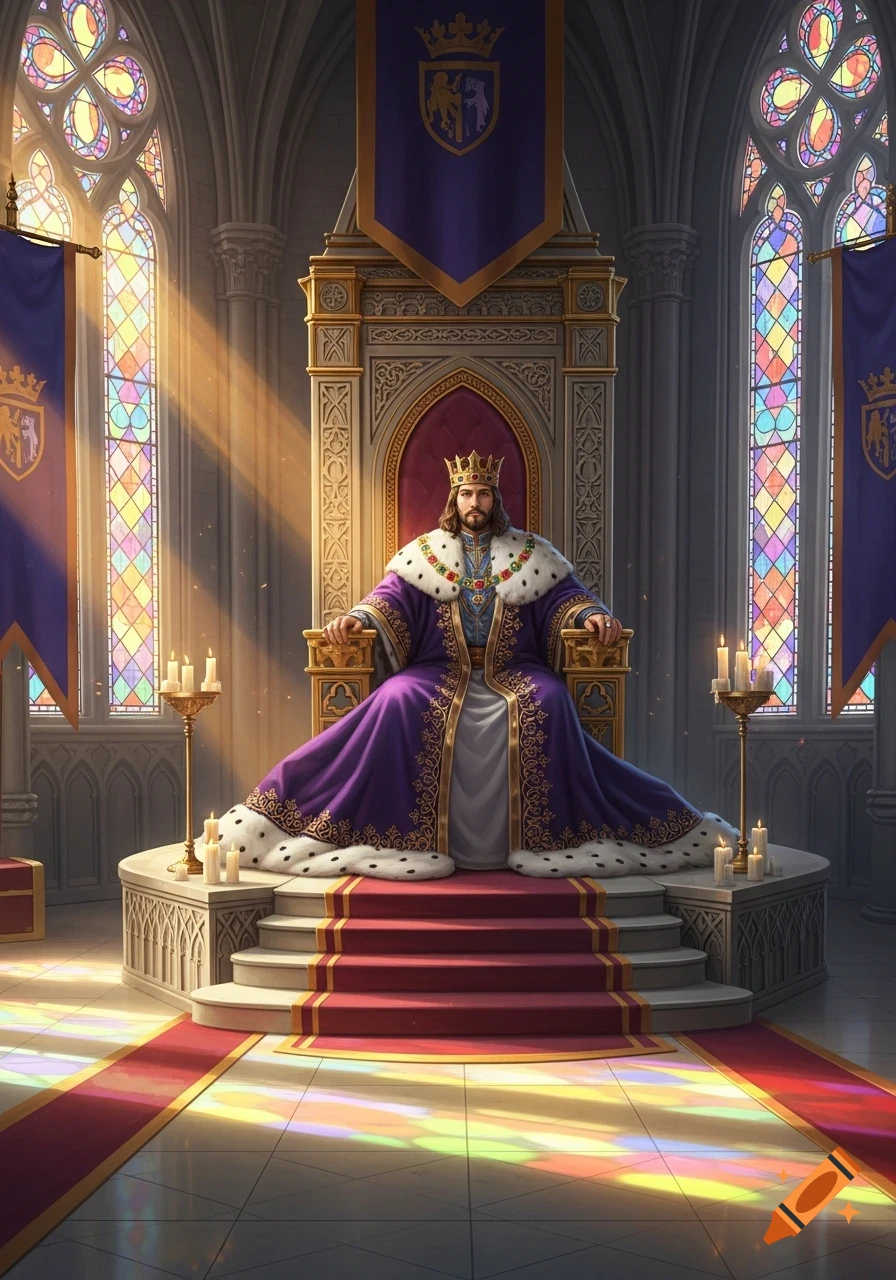 A king with a crown and purple robe sits on an ornate golden throne in a grand hall with stained glass windows, light streaming through them.