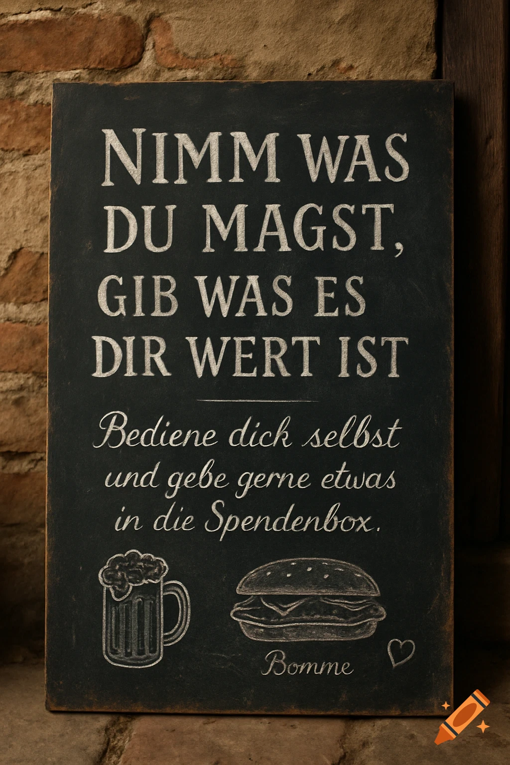 A rustic black chalkboard sign with white chalk German text about taking what you like and donating, featuring drawings of a beer mug and a burger, on a brick wall.