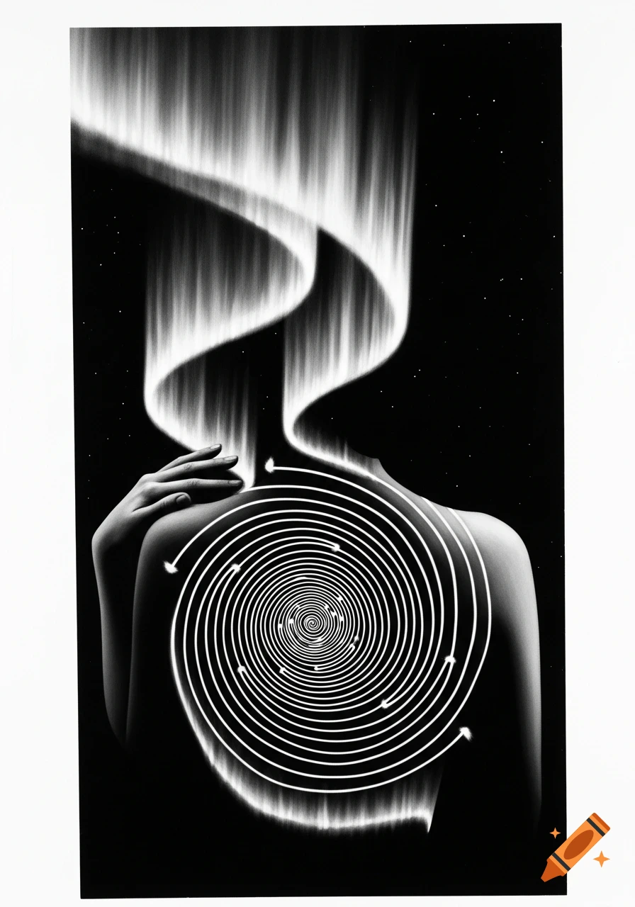 Black and white drawing of a human back with a glowing spiral maze on the back and northern lights emanating from the shoulders.