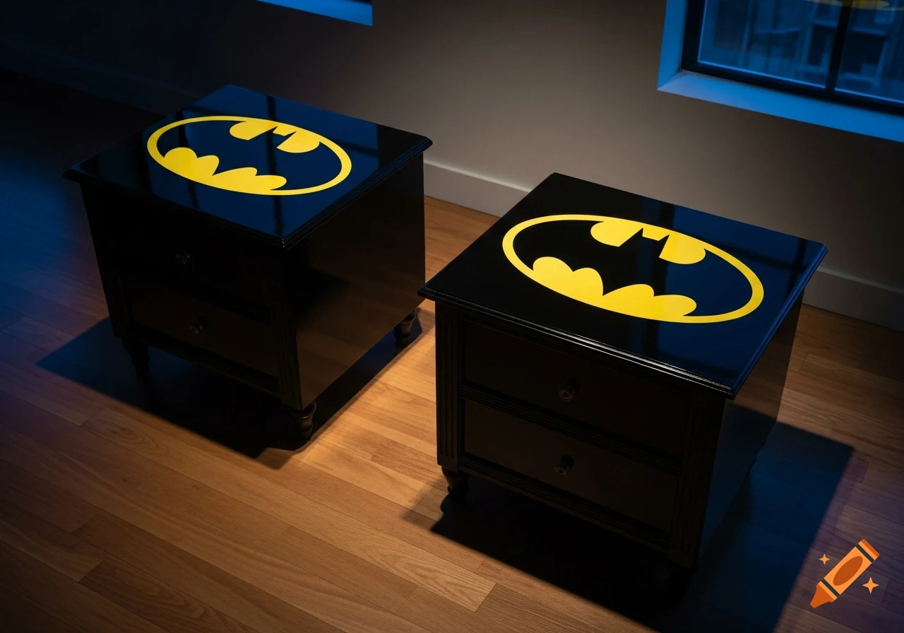 Two black end tables with yellow Batman logos on their tops sit on a ...