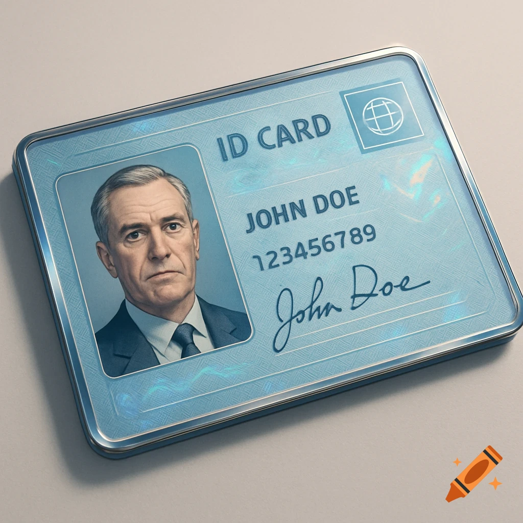 Photorealistic image of a light blue ID card with a man's portrait, 'JOHN DOE', and a signature.