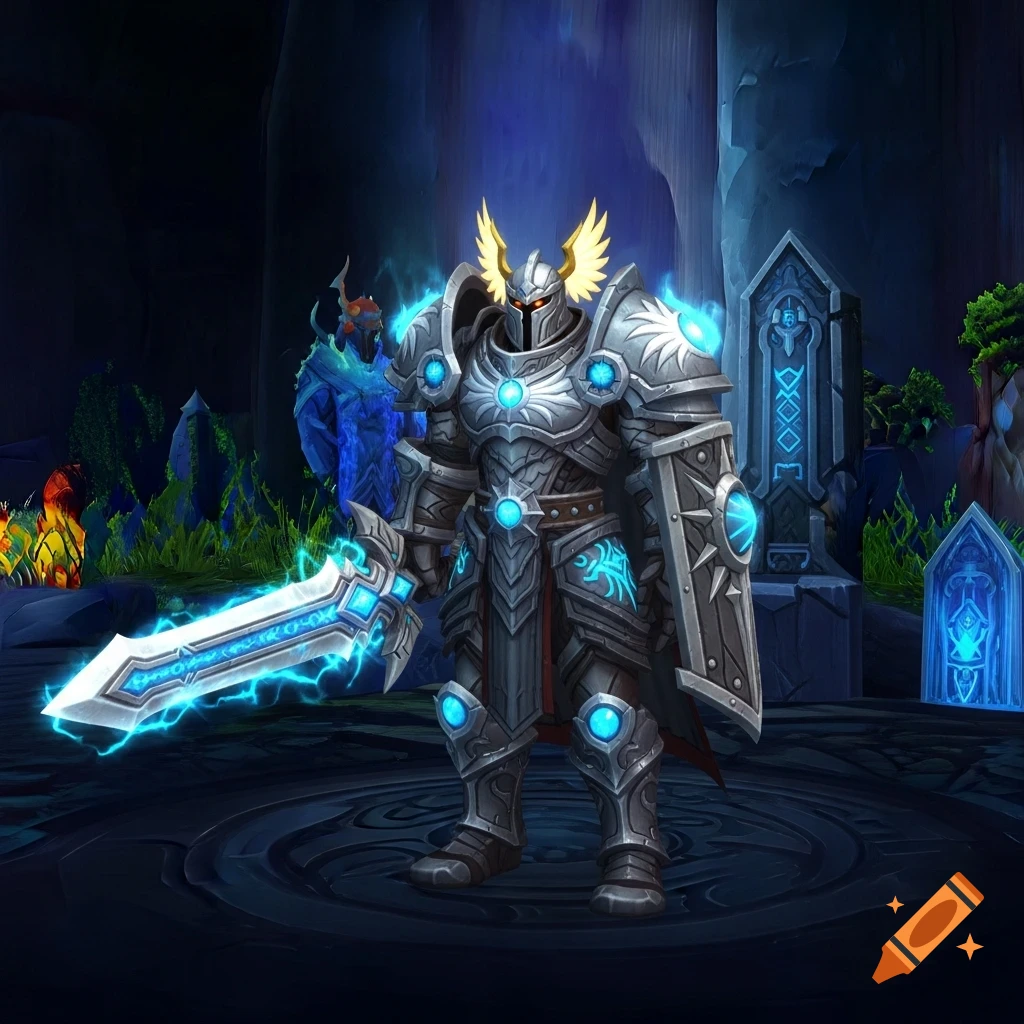 A stylized fantasy warrior in ornate silver and blue glowing armor, holding a radiant sword and shield in a dark, runic environment.