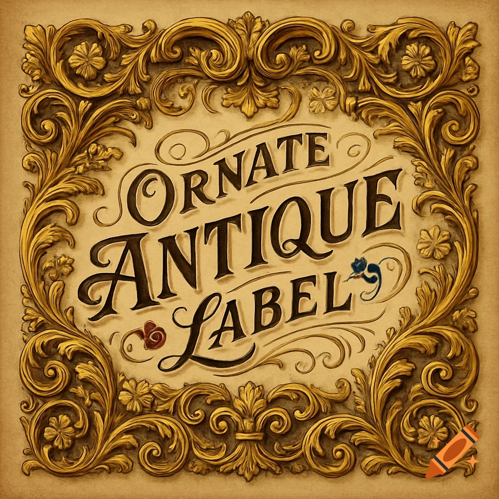 An ornate antique label with a gold baroque frame on a parchment-like background that reads 'ORNATE ANTIQUE LABEL'.