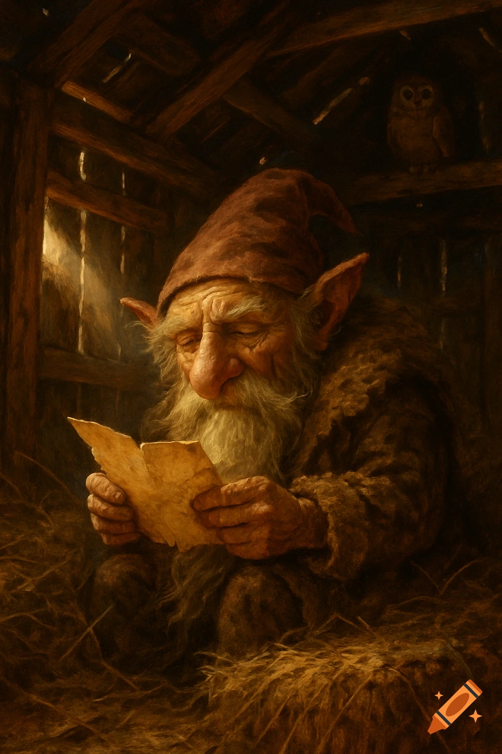 A bearded gnome in a red hat reads a torn paper in a rustic barn with an owl perched above, painterly style.