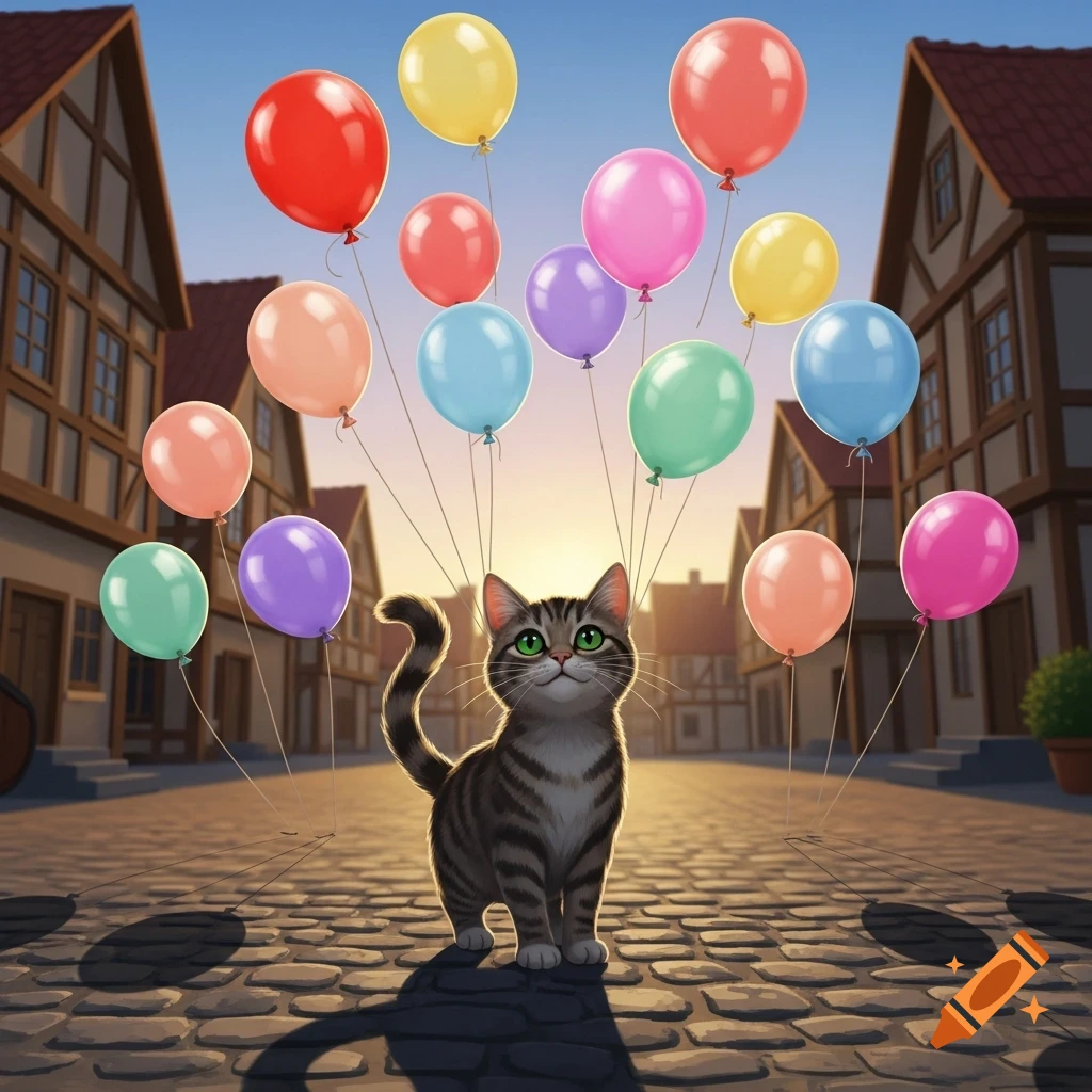 A cute tabby cat with green eyes stands on a cobblestone street in a quaint village, surrounded by many colorful balloons floating above it.