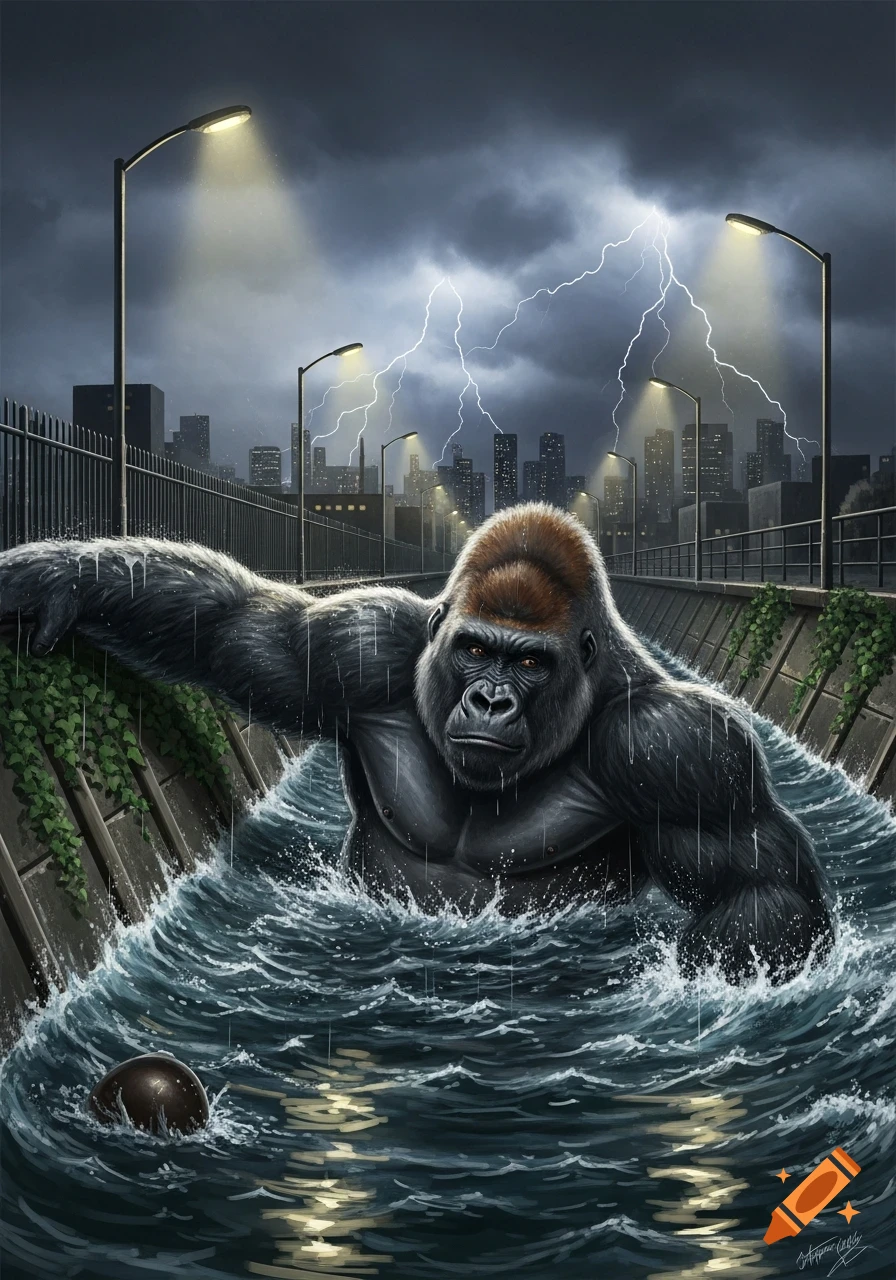 A powerful gorilla struggles in a stormy city canal at night, with lightning illuminating the urban skyline, digital art.