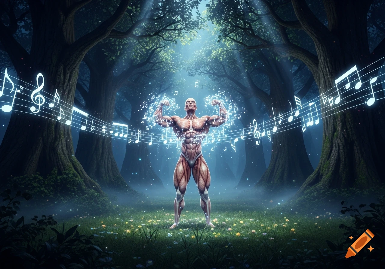 An anatomical muscular figure flexes in a glowing, mystical forest, surrounded by floating musical notes and sparkling energy.