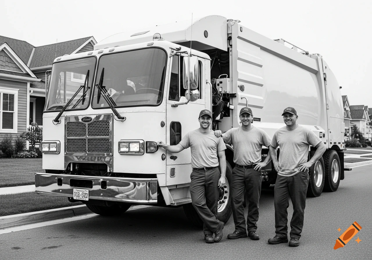 Three happy garbage men pose in front of a shiny garbage truck on a suburban street in a black and white photo.
