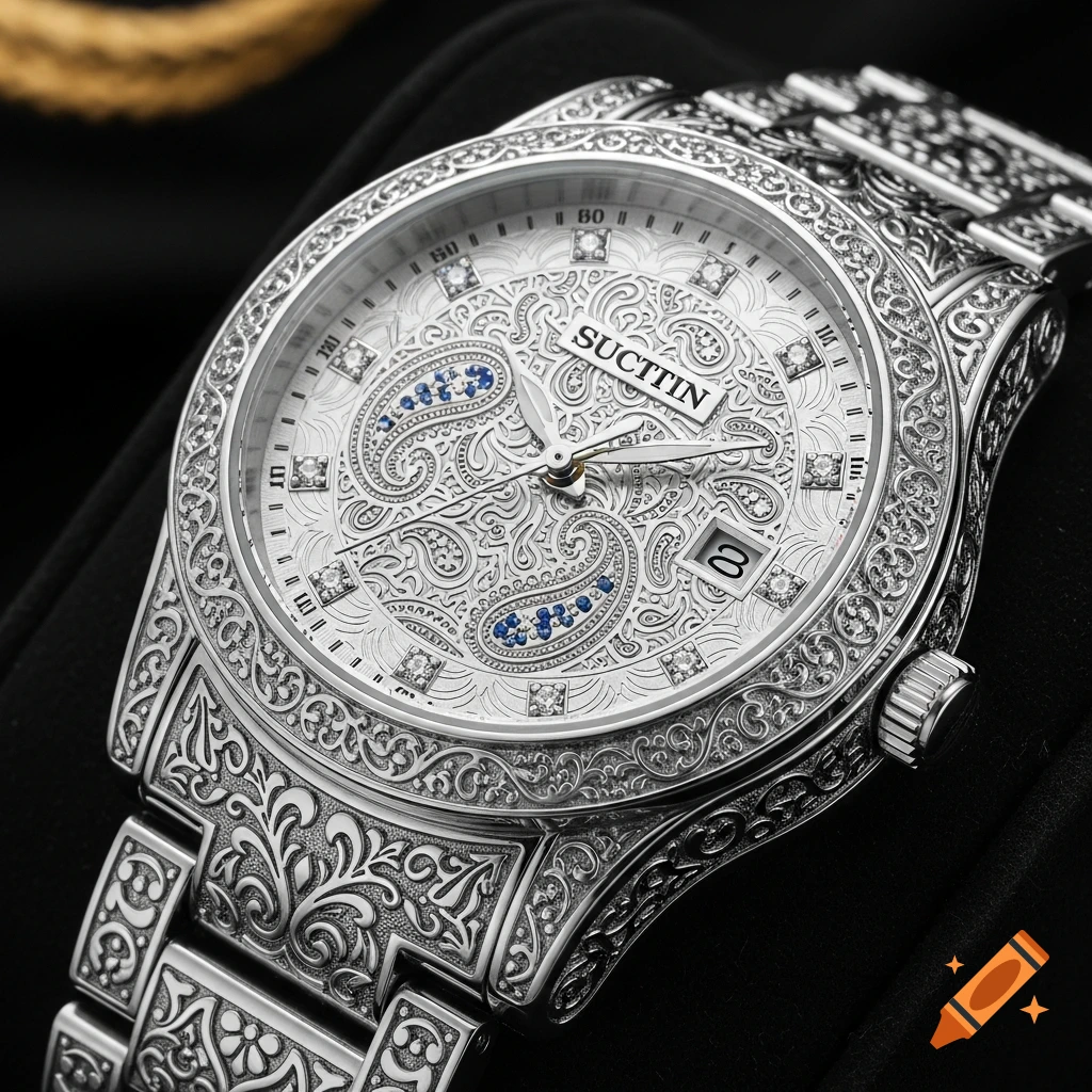 Close-up of an ornate silver wristwatch with intricate paisley carving, blue gems, and a white dial on a black background.