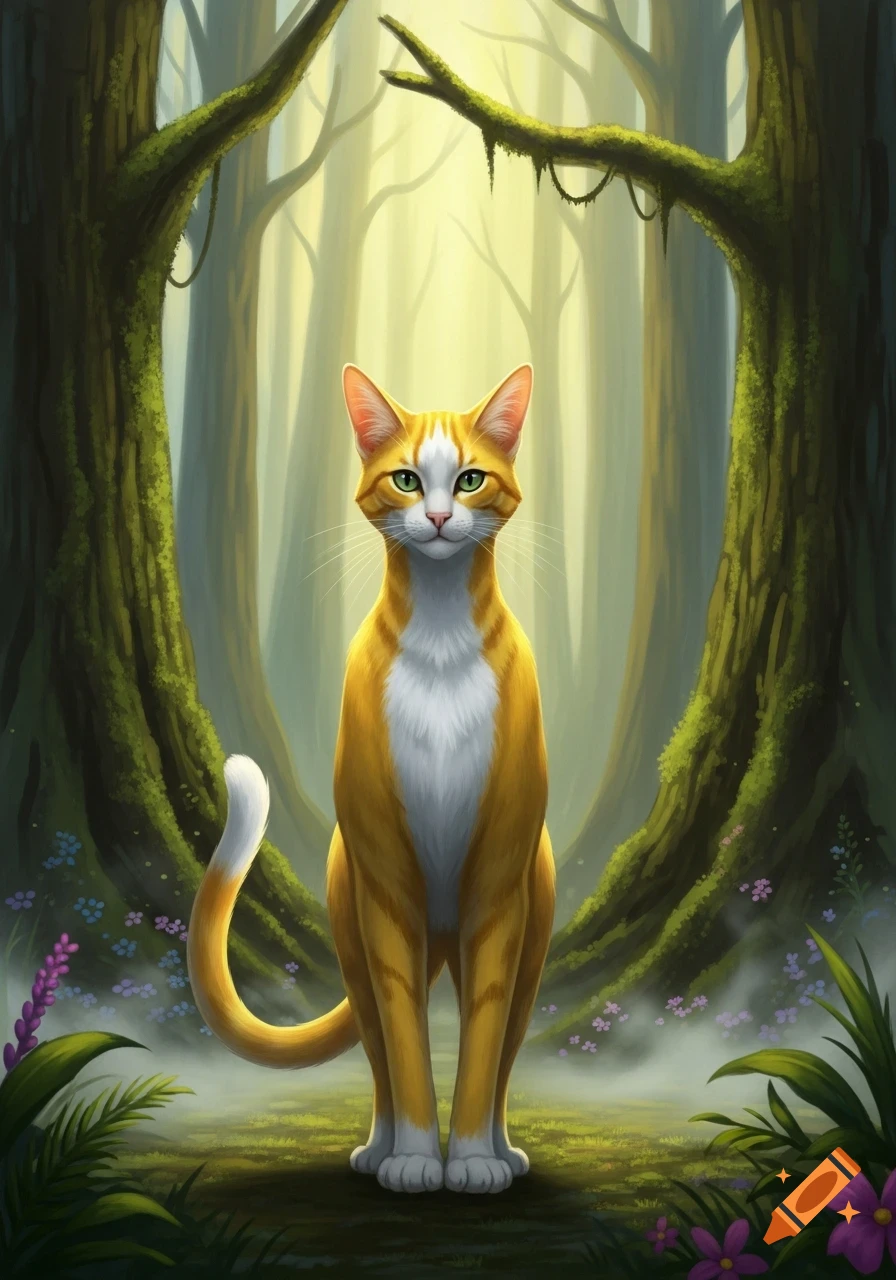 An upright orange and white cat with green eyes sits in a mystical ...