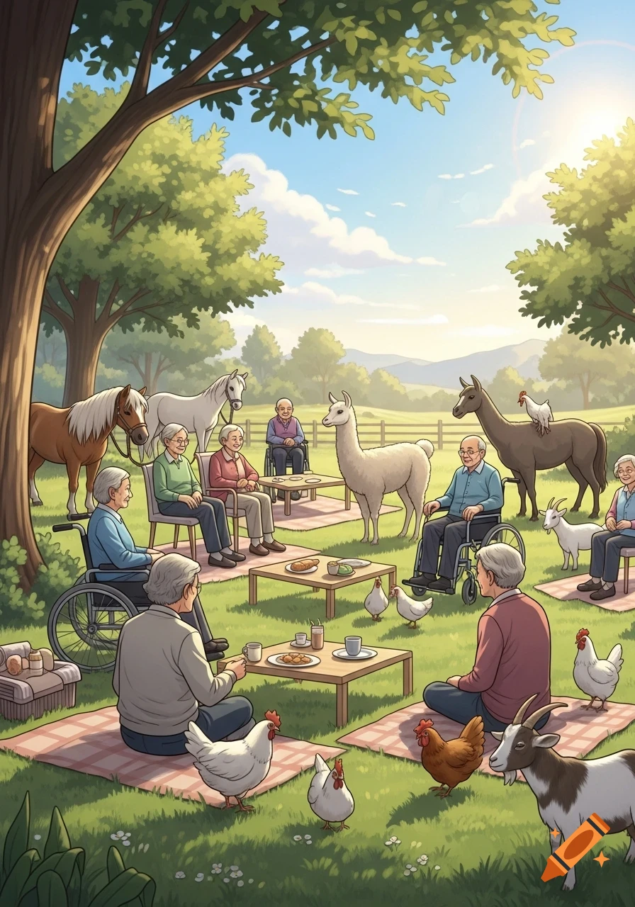 An illustration of elderly people having a therapeutic outdoor picnic with ponies, llamas, chickens, and goats in a sunny, grassy park.