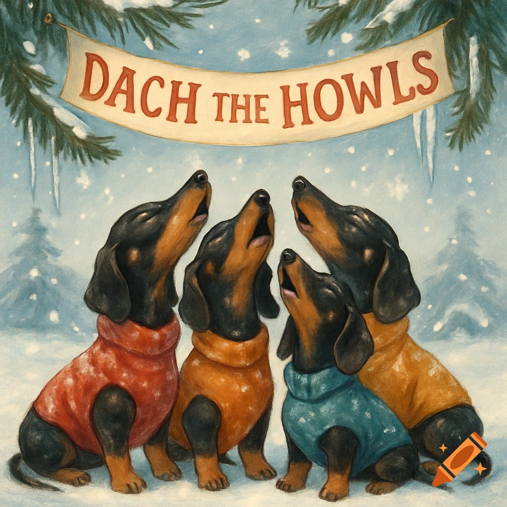 Four black and brown dachshunds in colorful winter sweaters howl under a 'Dach the Howls' banner, surrounded by snow and pine branches.