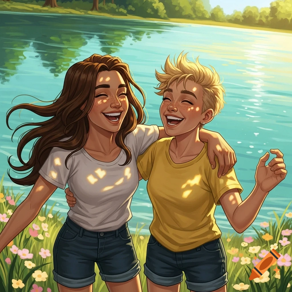 Two smiling women, one with long brown hair and the other with short blonde hair, embrace joyfully by a sunlit lake surrounded by flowers in an illustration.
