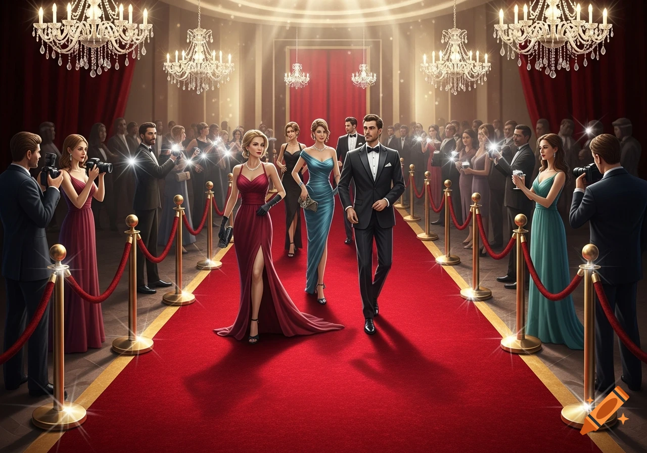 Formally dressed people walk a red carpet under chandeliers, flanked by photographers with flashing cameras.