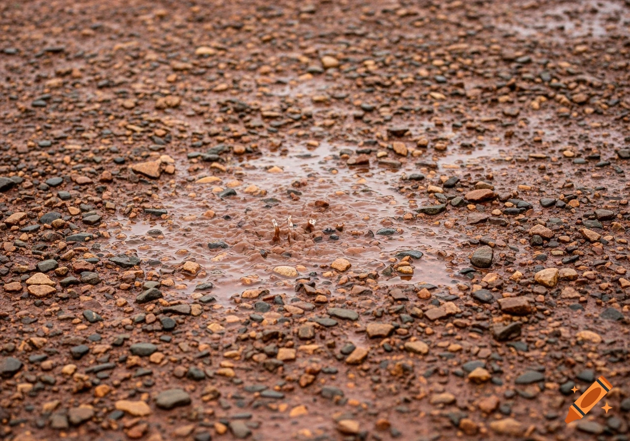 Photorealistic extreme close-up of wet, reddish-brown rocky ground with a puddle showing water ripples from rain.