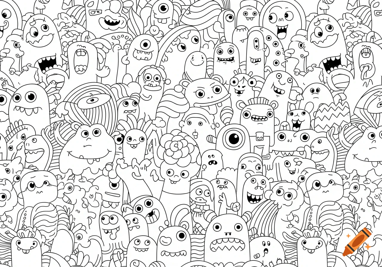 A seamless pattern of black line art doodle monsters on a white background, with various expressions and shapes.