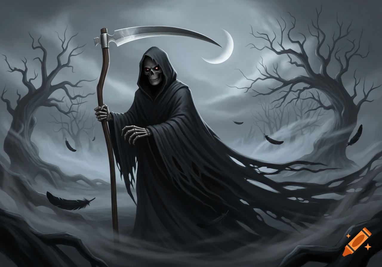 Stylized illustration of the Grim Reaper with a scythe, standing in a misty, dark forest under a crescent moon.