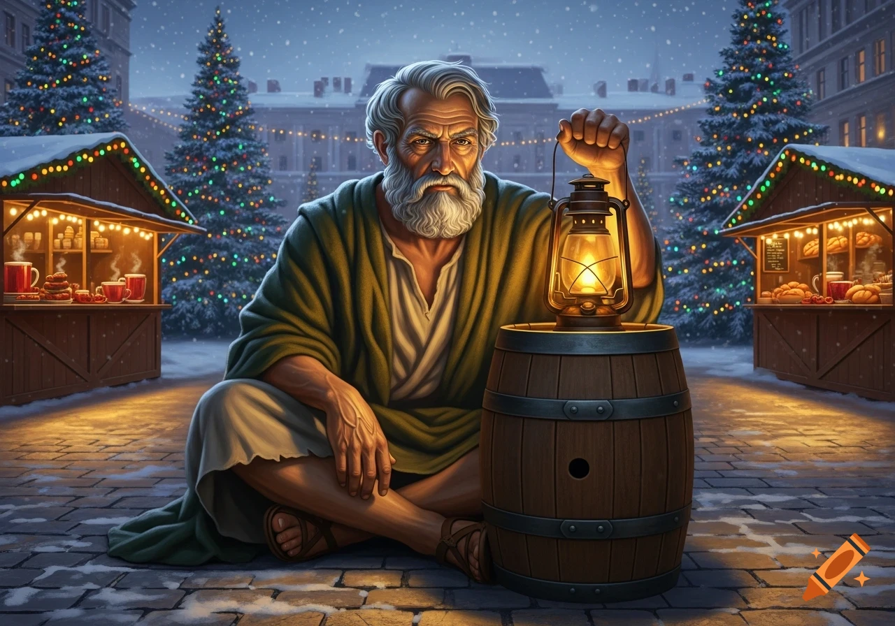A bearded old man sits with a lantern next to a barrel in a snowy ...