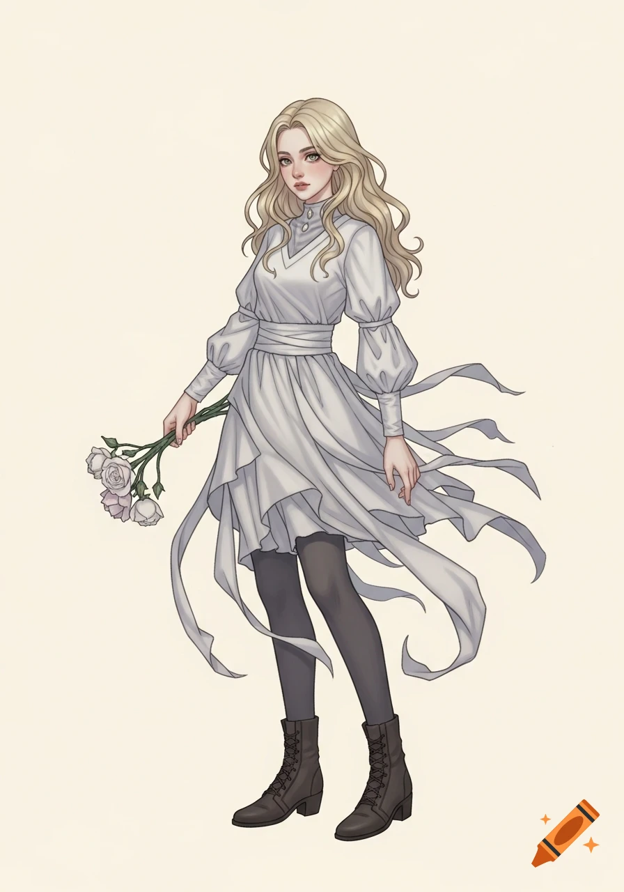 An anime-style illustration of a blonde woman in a white dress and ...