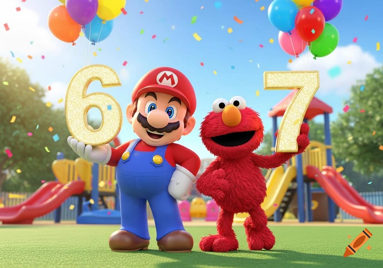 Mario and Elmo hold up sparkling numbers 6 and 7 in a sunny park with balloons and confetti.