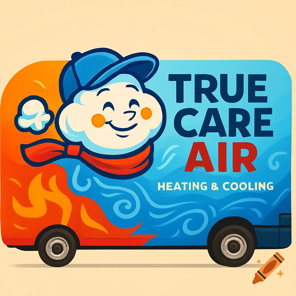 Colorful cartoon illustration of a van with a logo for 'True Care Air Heating & Cooling', featuring a smiling cloud mascot in a blue cap and red scarf.