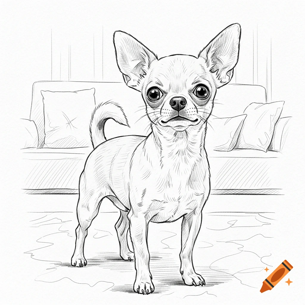 A detailed line art sketch of a small Chihuahua standing upright in front of a sofa.