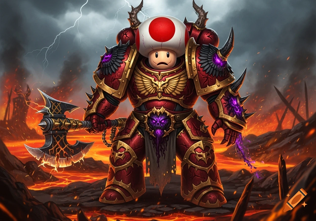 Toad from Super Mario as a Khorne Chaos Space Marine, wielding an axe on a fiery volcanic planet with lightning.