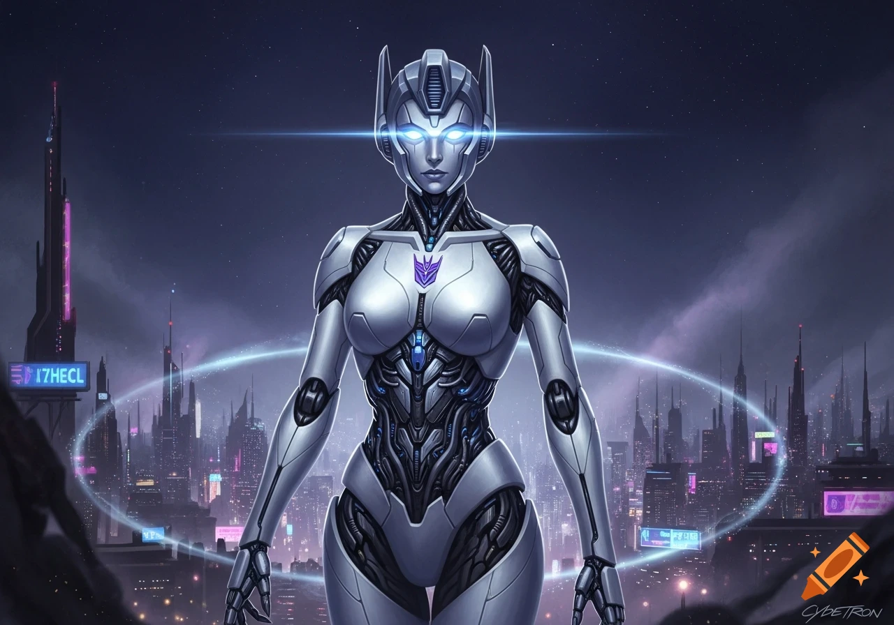 A white and silver female Transformer with glowing blue eyes stands in a futuristic city at night, under a starry sky, detailed digital art.