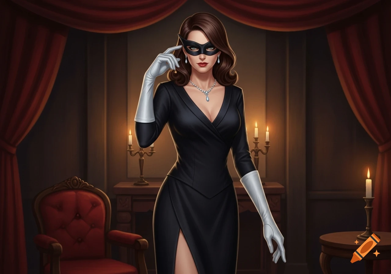 An elegant, serious woman in a black dress, white gloves, and a black mask stands in a dimly lit, luxurious room. Illustrative style.