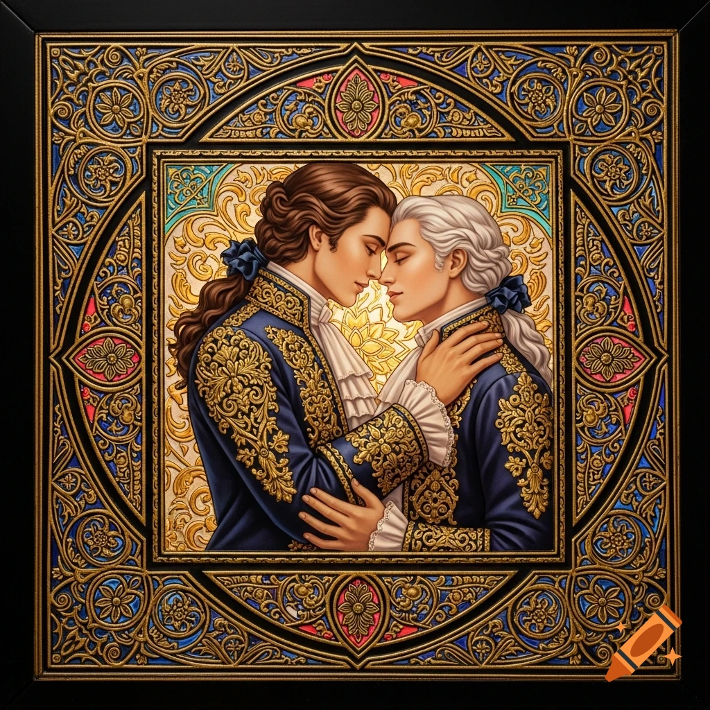 Two men in ornate blue and gold historical attire embrace within a richly engraved, colorful ornate frame.