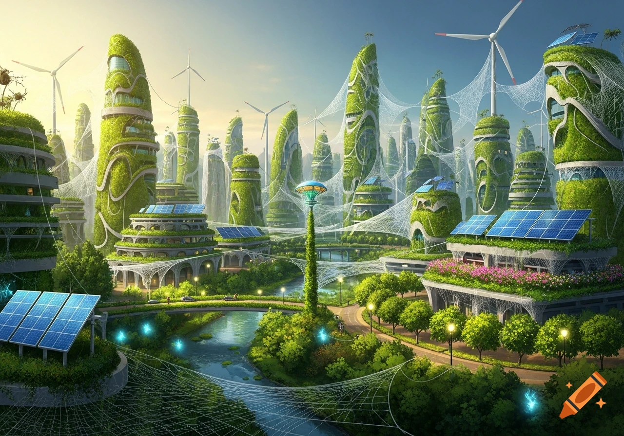 A vibrant solarpunk city with green, plant-covered buildings, solar panels, wind turbines, and white webs. A river flows through lush trees.