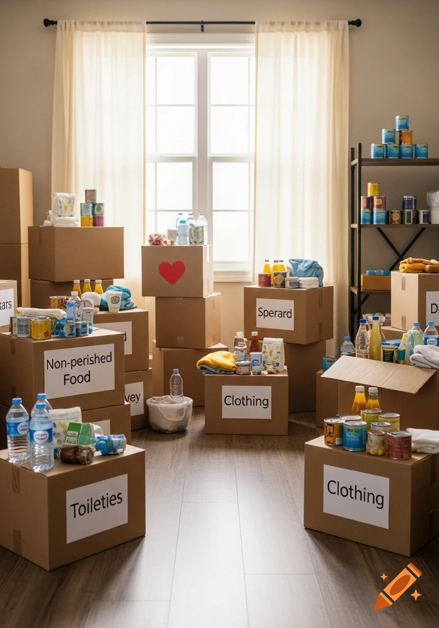 Cardboard boxes filled with donated food, water, toiletries, and clothing, stacked in a bright room.