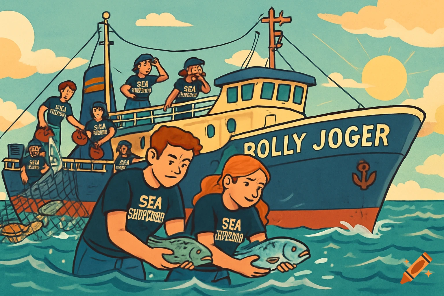 A cartoon illustration shows conservationists on a boat, returning fish to the water. The boat is named 'Rolly Joger'.