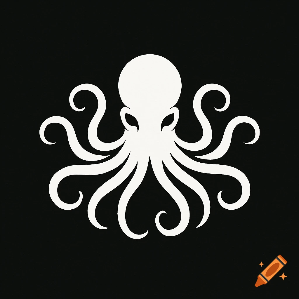 A minimalist white octopus logo on a solid black background.