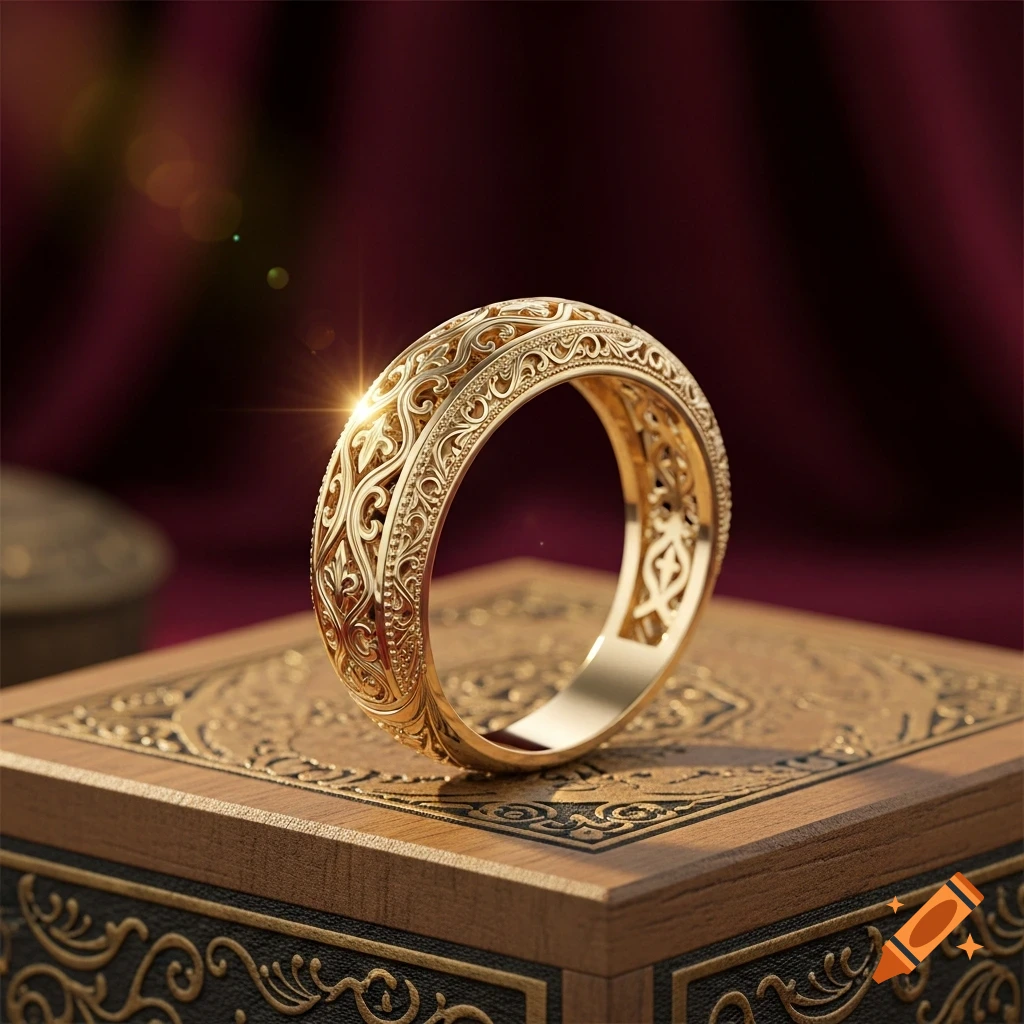 Close-up of a pure gold wedding ring with intricate antique carvings, resting on a decorative wooden box with a blurred red background.