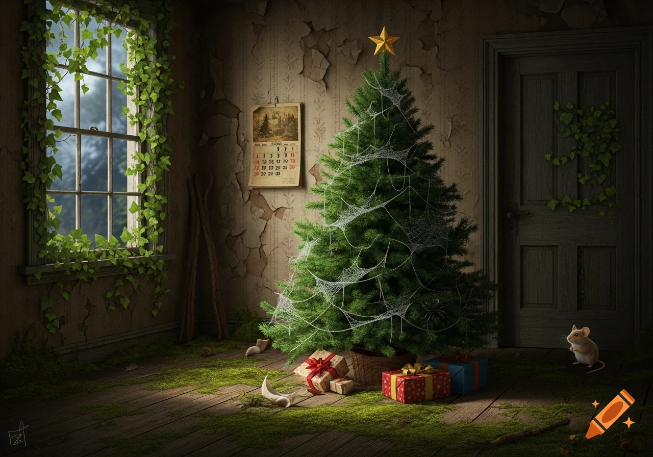 A dusty, abandoned room with a Christmas tree draped in cobwebs, presents, a mouse, ivy-covered window, and peeling wallpaper.