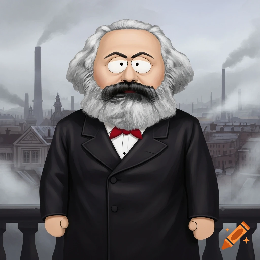A cartoon character, Cartman from South Park, dressed as Karl Marx in a black suit and red bow tie, standing in front of an industrial city background.