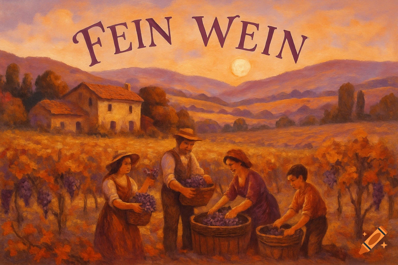 A family harvests grapes in a vineyard with a farmhouse, under a sunset sky, in a painting style. Text 'FEIN WEIN'.