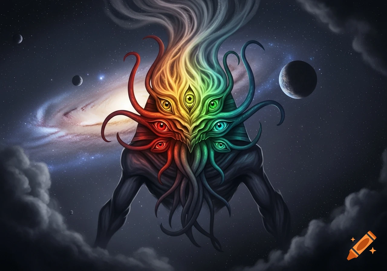A multi-eyed, tentacled cosmic creature with a rainbow-colored head and grey body floats in space, surrounded by planets and a swirling galaxy.