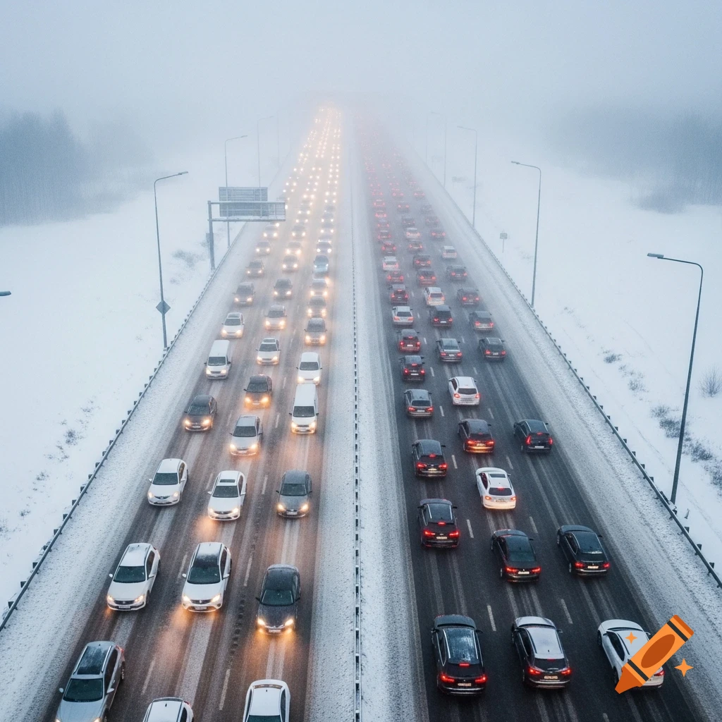Aerial view of a snowy six-lane highway with heavy traffic in foggy winter conditions.