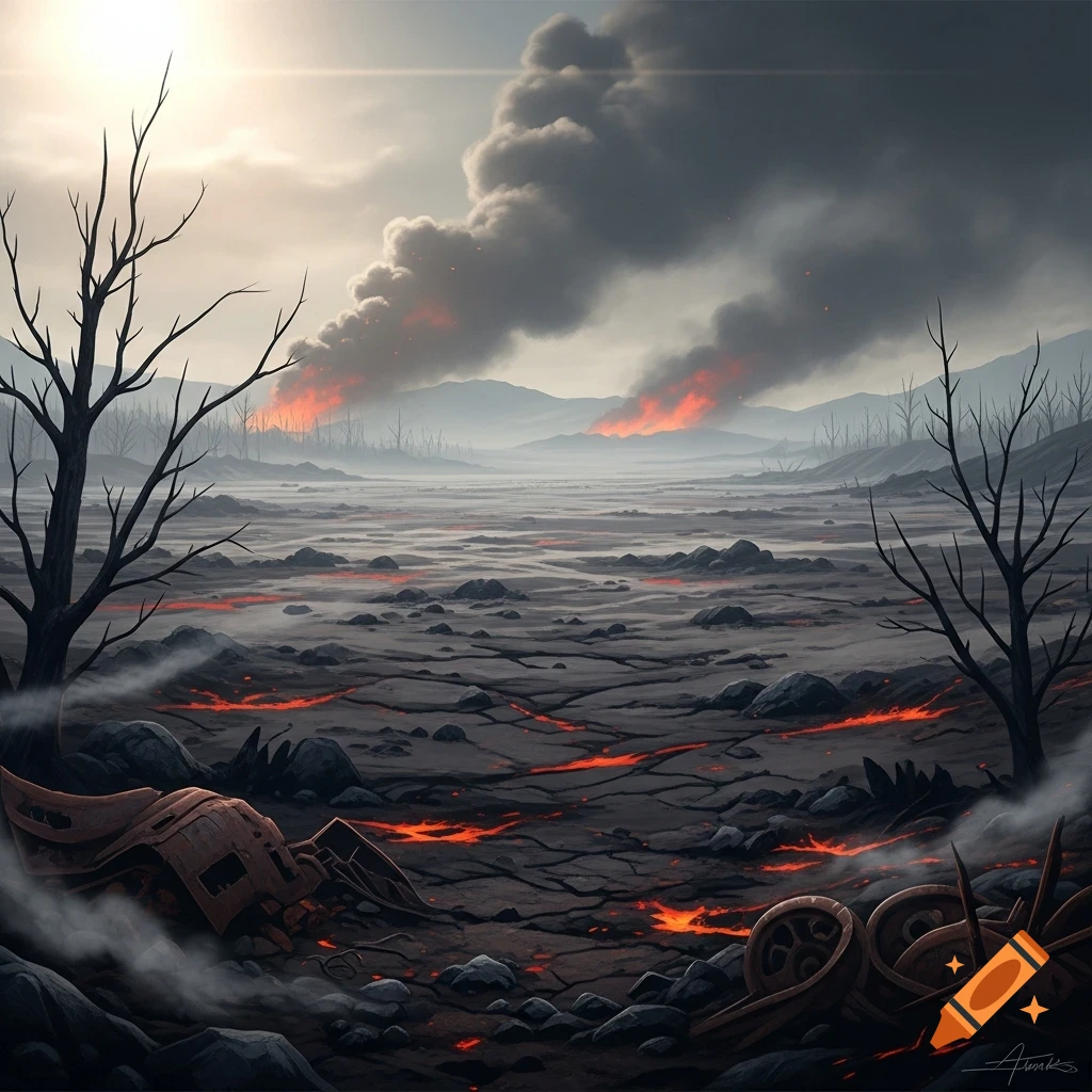 Digital painting of a dark, scorched wasteland with glowing lava rivers, bare trees, and fires in the distance under a smoky sky.