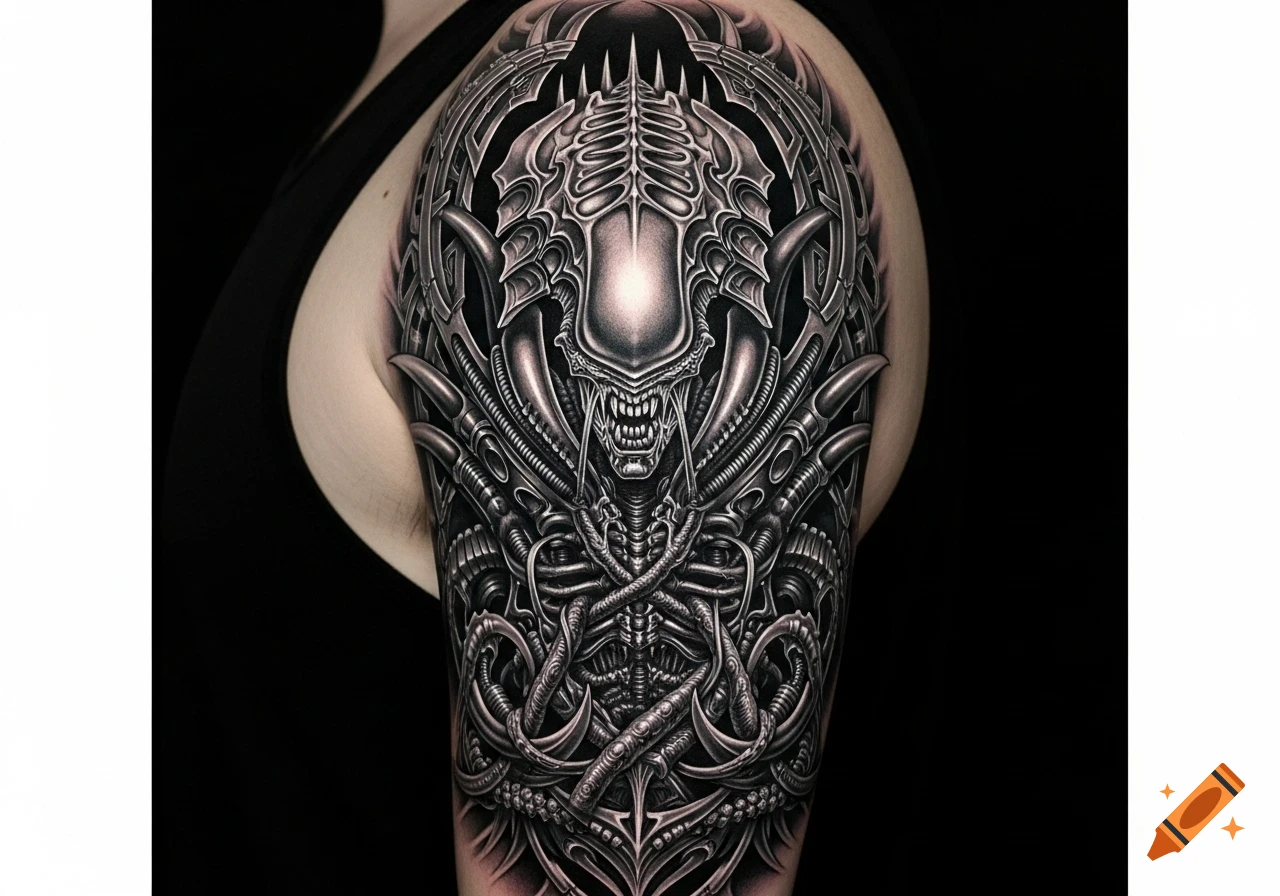 Detailed black and gray biomechanical tattoo of an Alien-like creature on a person's shoulder.