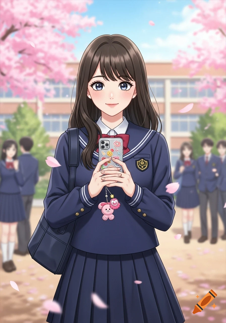 An anime schoolgirl holding a phone outside a school under falling pink cherry blossoms.