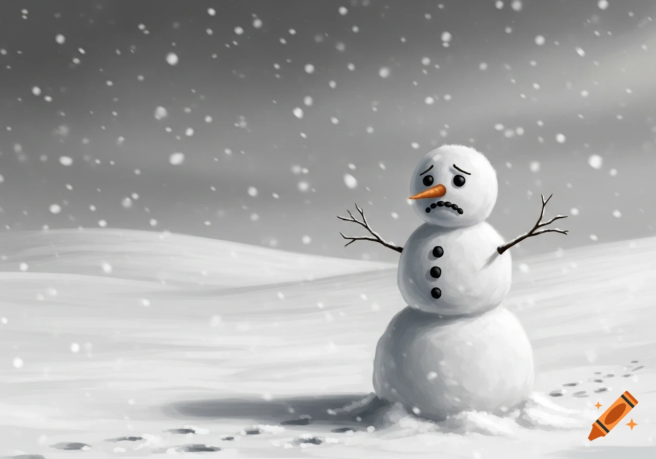 A sad snowman with button eyes and a carrot nose stands alone in a snowy field as snow falls.