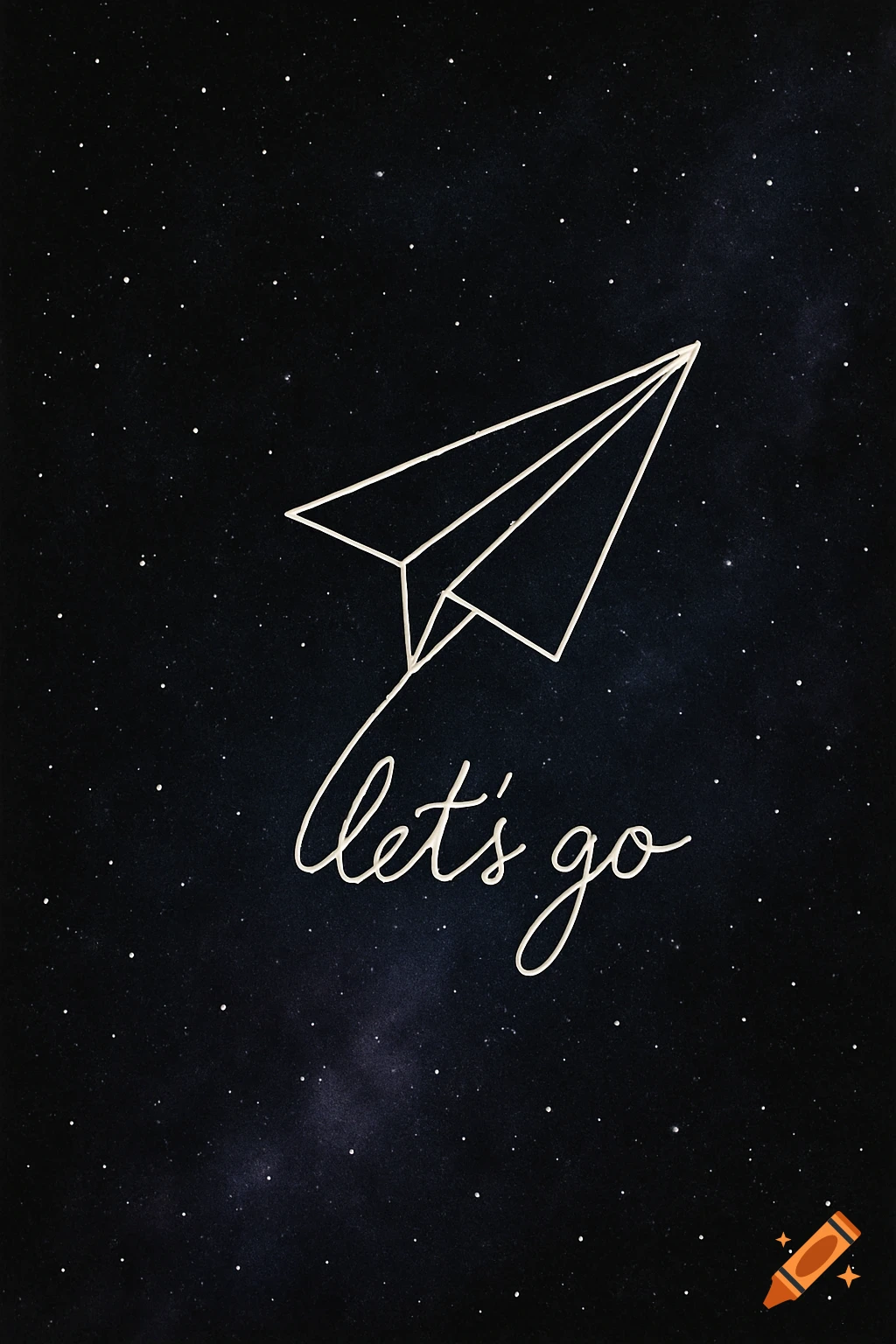 Minimalist line art of a paper plane trailing the text 'let's go' against a dark starry galaxy background.