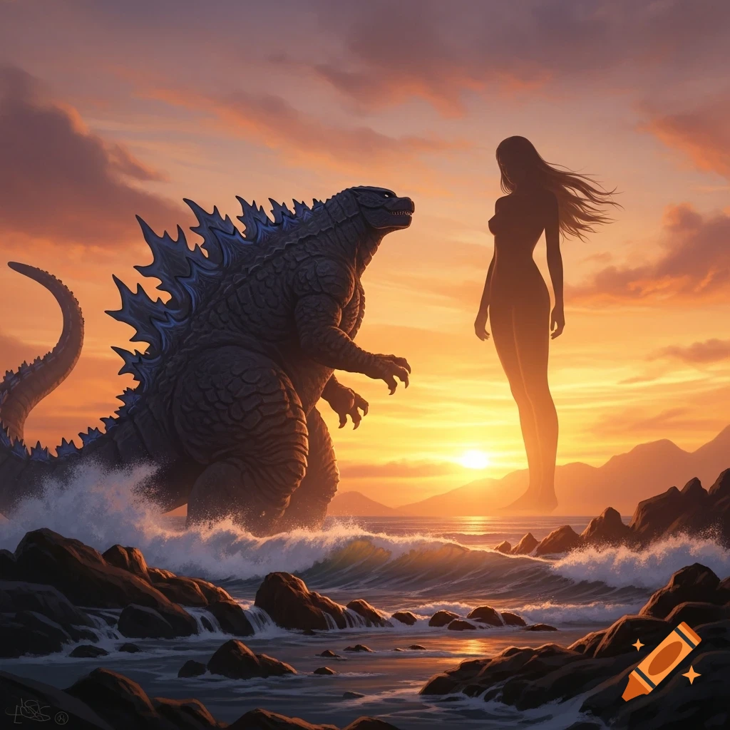Godzilla and a giant silhouetted woman face each other on a rocky ocean shore during a vibrant sunset.