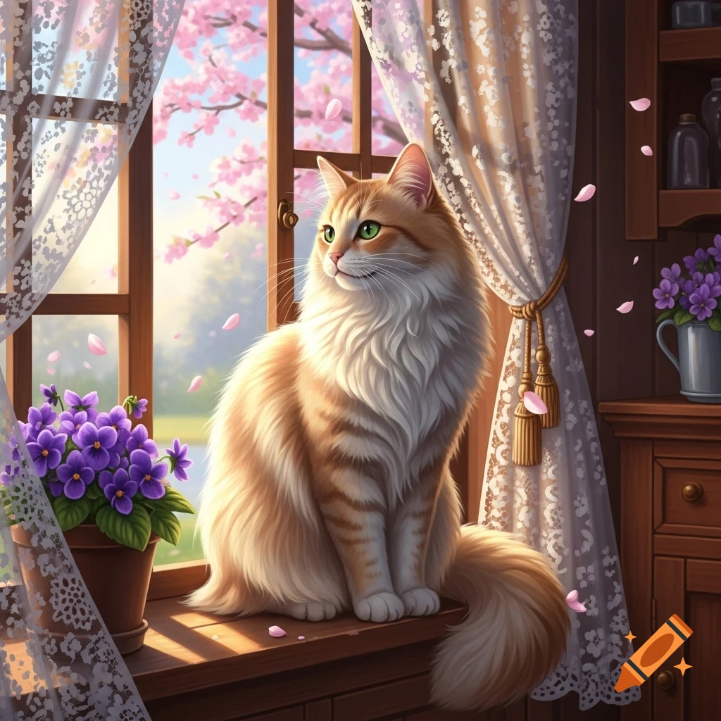 A fluffy orange and white cat sits on a wooden windowsill, looking out at blooming pink cherry blossom trees. Violets are in a pot nearby.