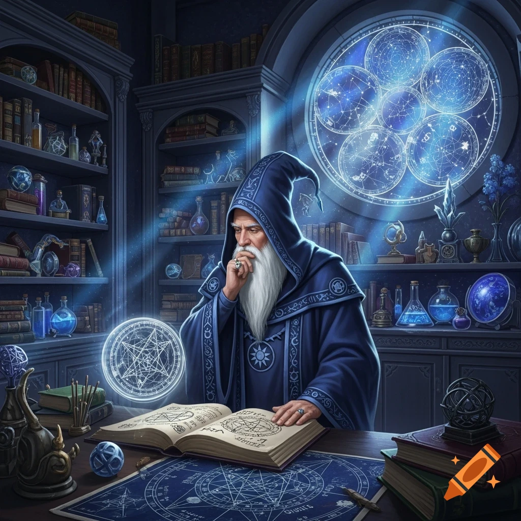 A bearded wizard in blue robes and a pointed hat studies an open spellbook at a desk, surrounded by magical artifacts and glowing orbs in his mystical study.