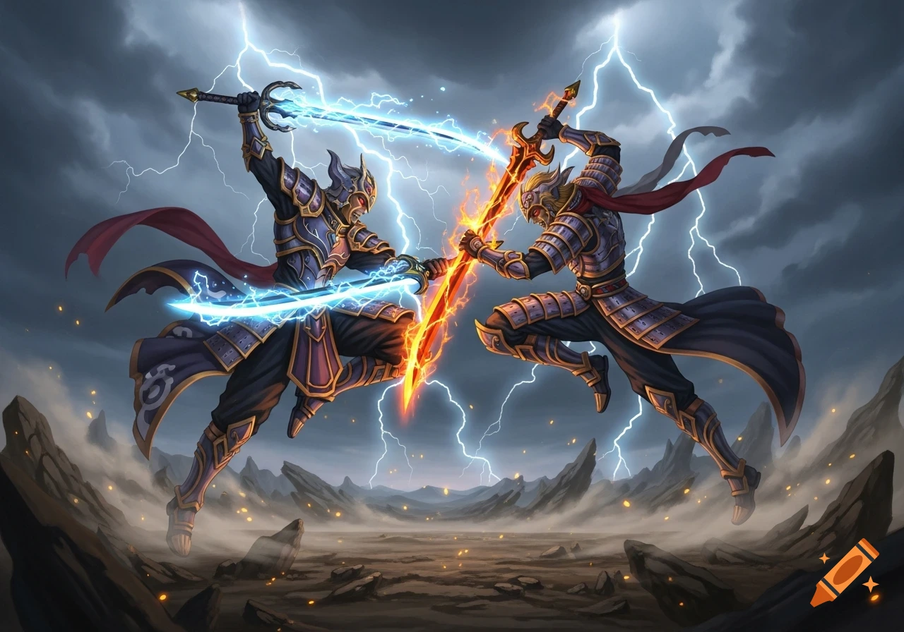Two anime-style armored warriors with glowing swords clash mid-air under a stormy, lightning-filled sky.